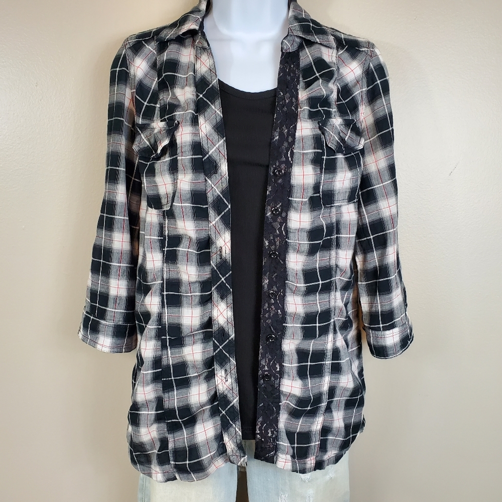 Maurices Black, White, & Red Plaid Lightweight Button Down Top With Lace